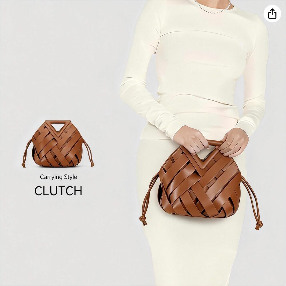 5830 Vegan Leather Clutch Purses Woven Bucket Crossbody Shoulder Bag - Picture 2 of 8